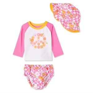 NEW 3pc Baby Girl UPF 50 Long Sleeve Pink White Orange Floral Peace Swimsuit Set